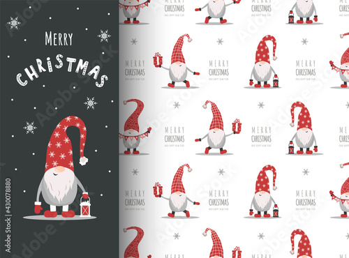 Christmas card with gnome in red hat. Cute scandinavian elves on seamless pattern. Vector illustration in cartoon style. New year design for wrapping paper, textiles, fabric.