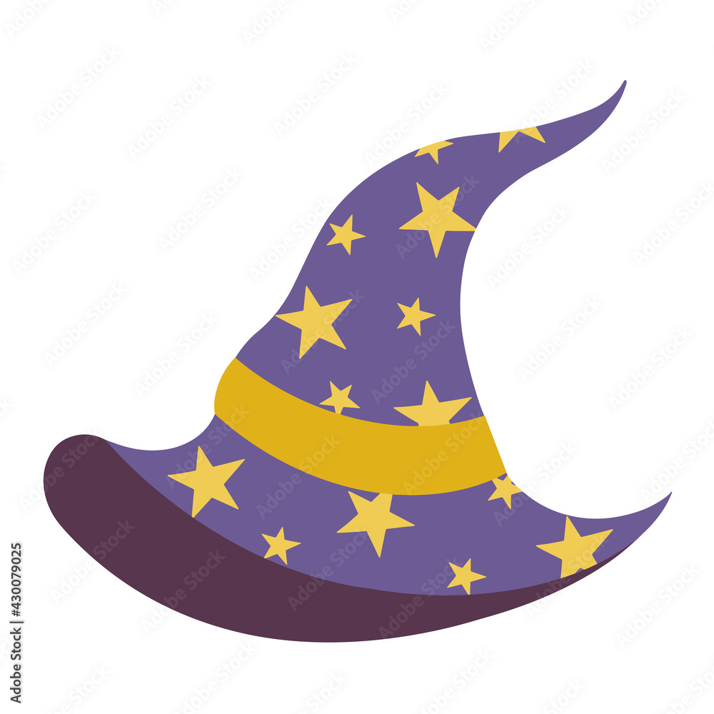 Vector illustration of purple wizard hat with yellow stars. Isolated icon on white background. Witch hat, flat cartoon Vector illustration of purple wizard hat with yellow stars. Isolated icon on white background. Witch hat, flat cartoon