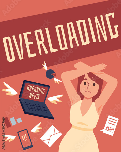 Woman in stress overwhelmed by lot of information and internet data stream.