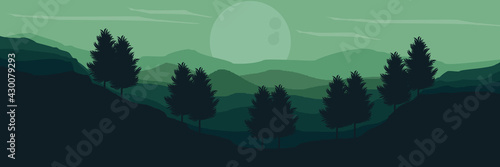 green mountain with tree flat design vector illustration for web banner, wallpaper, background template and tourism banner