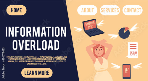 Information overload web banner with woman in panic, flat vector illustration.