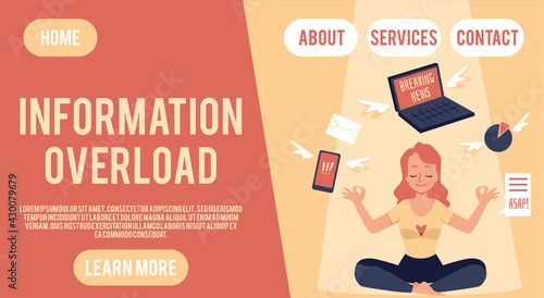 Information overload banner with meditating woman, flat vector illustration.