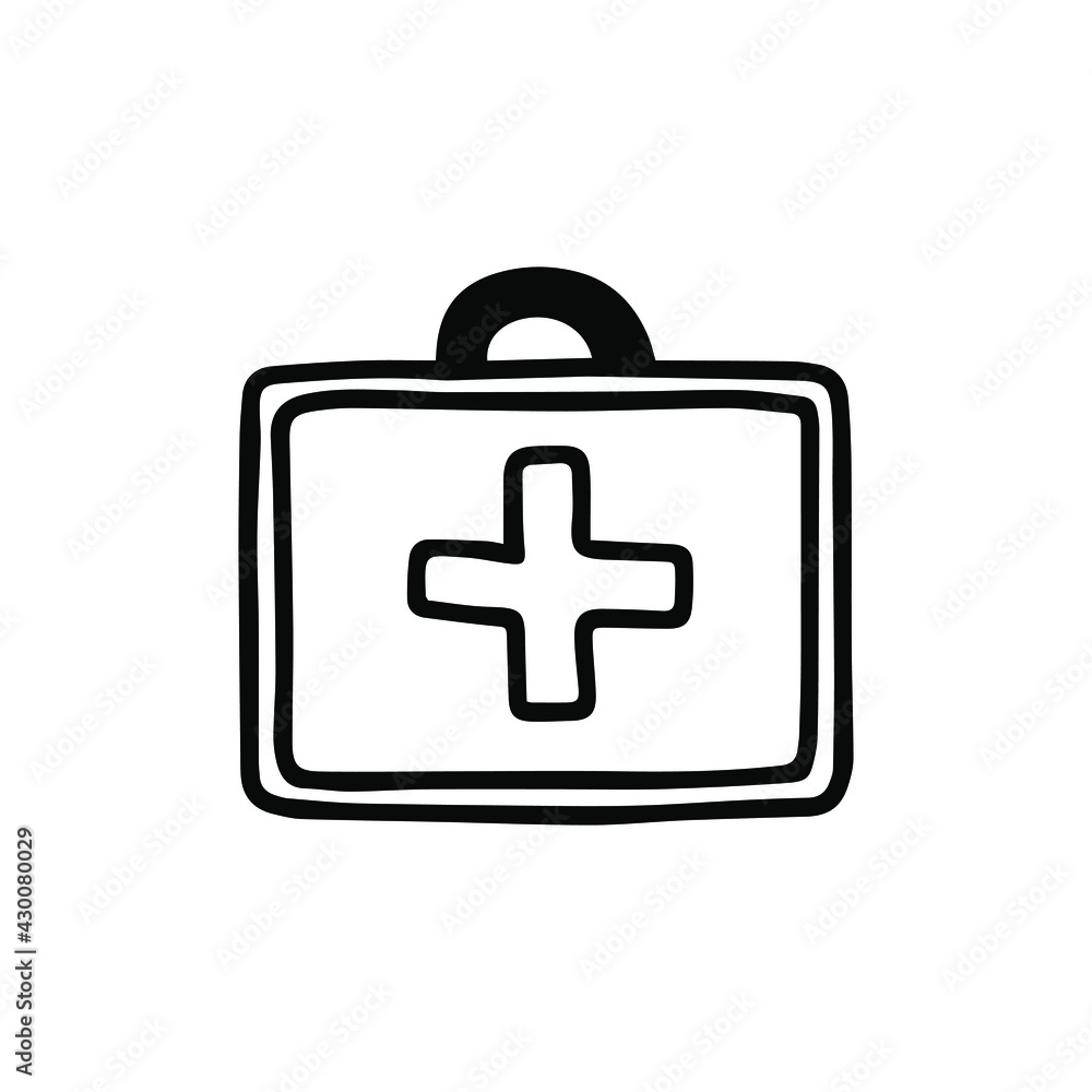 First aid kit or doctor's bag icon. Drawing, isolated on white background. First aid kit or doctor's bag icon. Drawing, isolated on white background.