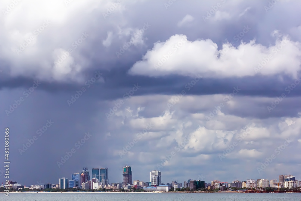 panorama of Dar es salaam from the water under a stormy sky