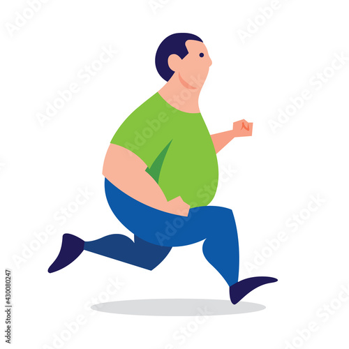 Fat man jogging for exercise. Fitness flat design.