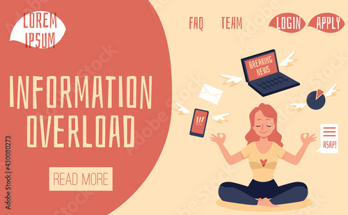 Web banner mockup on information overload problem, flat vector illustration.