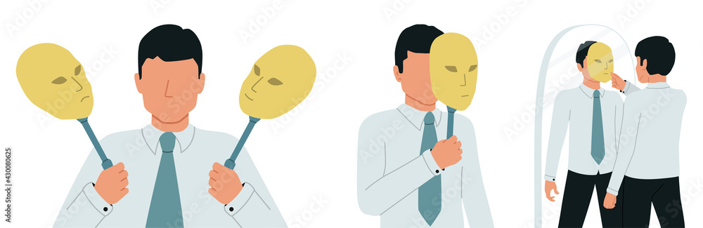 Imposter syndrome, dissociative identity disorder. A man feels like a  pretender or a deceiver who hides his face under a mask. Stock Vector |  Adobe Stock