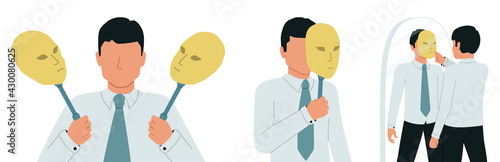 Imposter syndrome, dissociative identity disorder. A man feels like a pretender or a deceiver who hides his face under a mask.