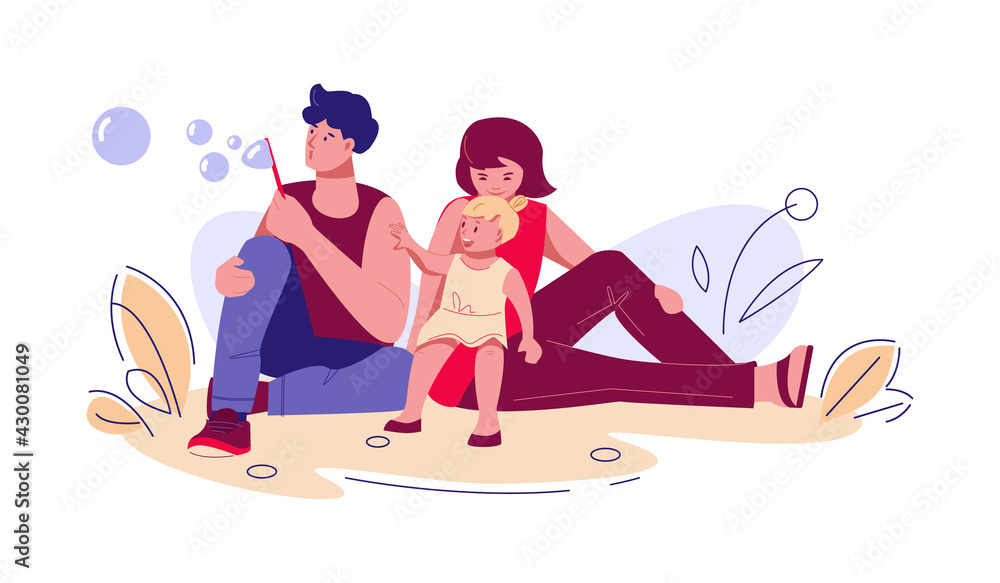 Obraz premium Family on summer vacation in nature. Father blows bubbles for little daughter. Mom holds the girl on her lap. Vector illustration in flat cartoon style.