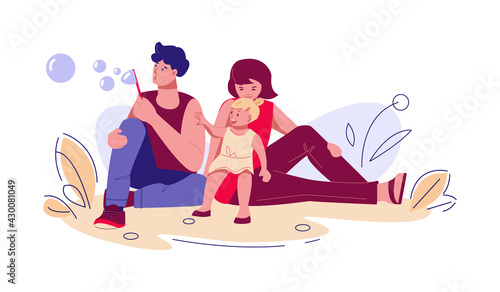 Family on summer vacation in nature. Father blows bubbles for little daughter. Mom holds the girl on her lap. Vector illustration in flat cartoon style.
