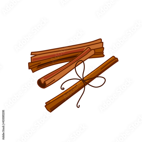 Cinnamon sticks. A flavorful, aromatic spice for cooking, baking, health food, and medical purposes. Vector illustration in cartoon style.