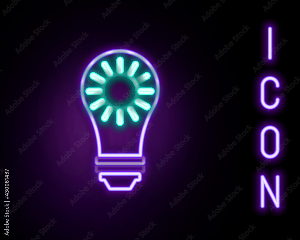 Glowing neon line Solar energy panel icon isolated on black background. Sun and light bulb. Colorful outline concept. Vector Glowing neon line Solar energy panel icon isolated on black background. Sun and light bulb. Colorful outline concept. Vector