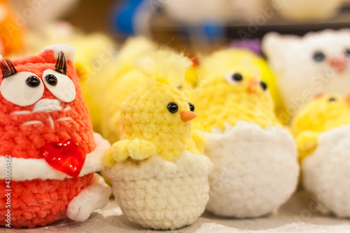 Knitted toys. Crocheted Easter yellow chickens. Handmade Easter Toy, Plush Stuffed Toys, © Alina Lebed