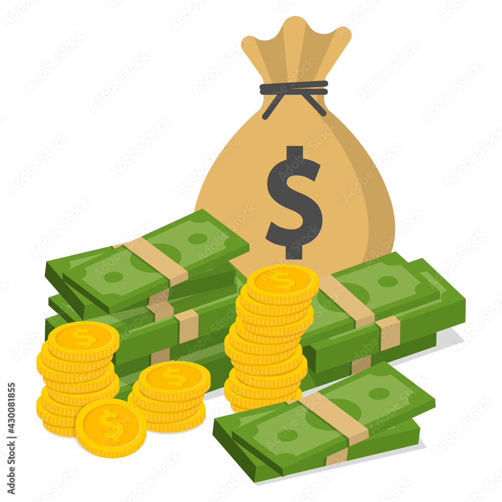 Pile of money and a bag of coins. Wealth concept Vector illustration. Stock  Vector
