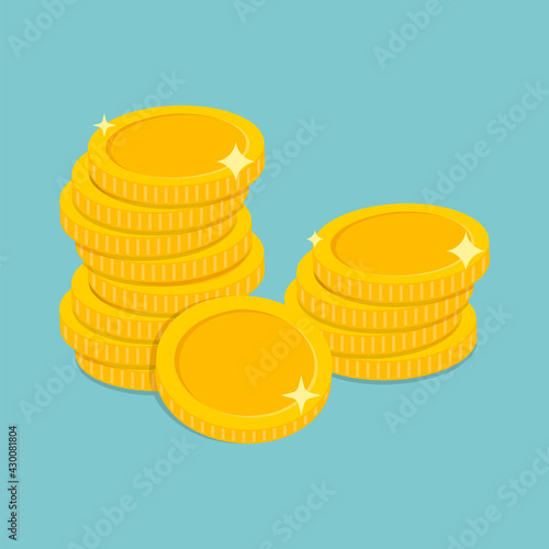 Stack of coins. Pile of gold coins. Golden penny cash pile, treasure heap. Vector illustration.
