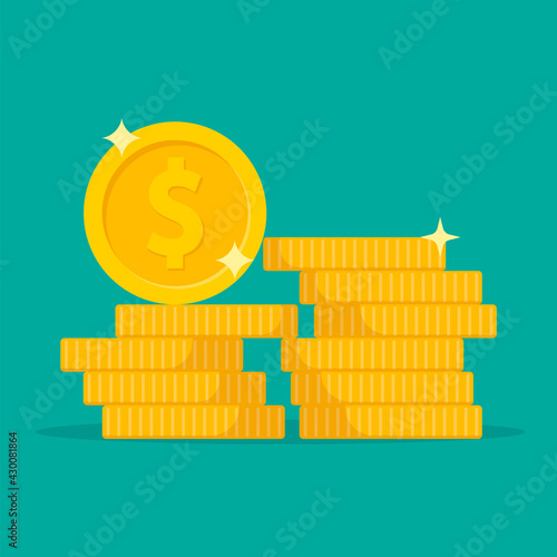 Stack of coins. Pile of gold coins. Golden penny cash pile, treasure heap. Vector illustration.
