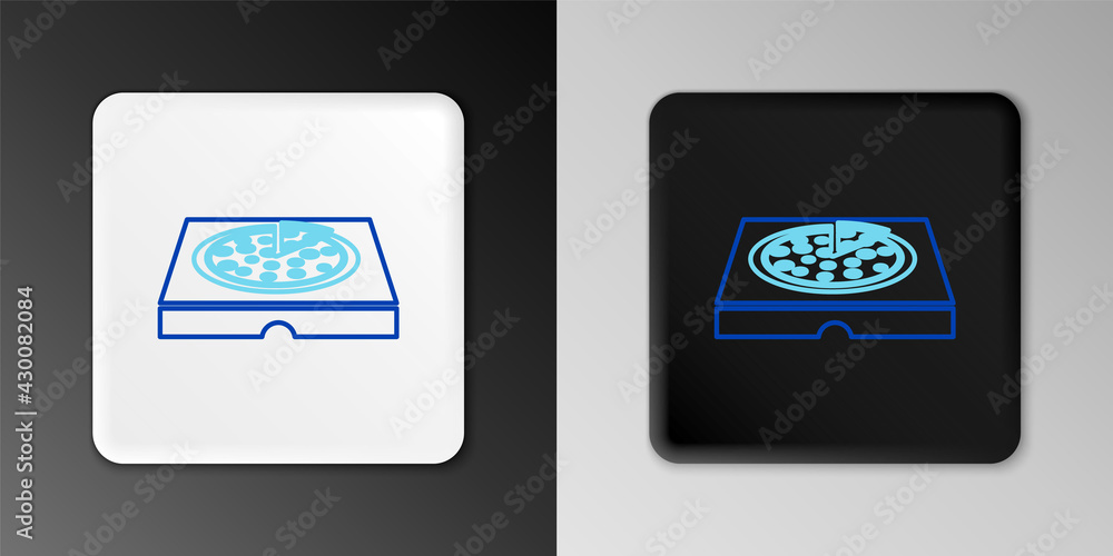 Line Pizza in cardboard box icon isolated on grey background. Box with layout elements. Colorful outline concept. Vector Line Pizza in cardboard box icon isolated on grey background. Box with layout elements. Colorful outline concept. Vector