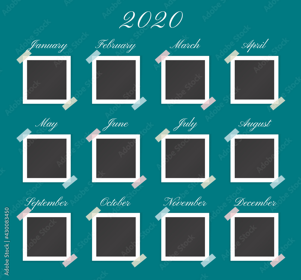 Timeline template with blank photo frames for 2020 year. Vector collage with  photopraphs for month with transparent stickers on green background. Calendar  with pictures Stock Vector | Adobe Stock