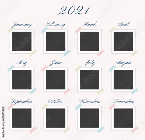 Timeline template with blank photo frames for 2021 year. Vector collage with photopraphs for month with transparent stickers on white background. Calendar with pictures