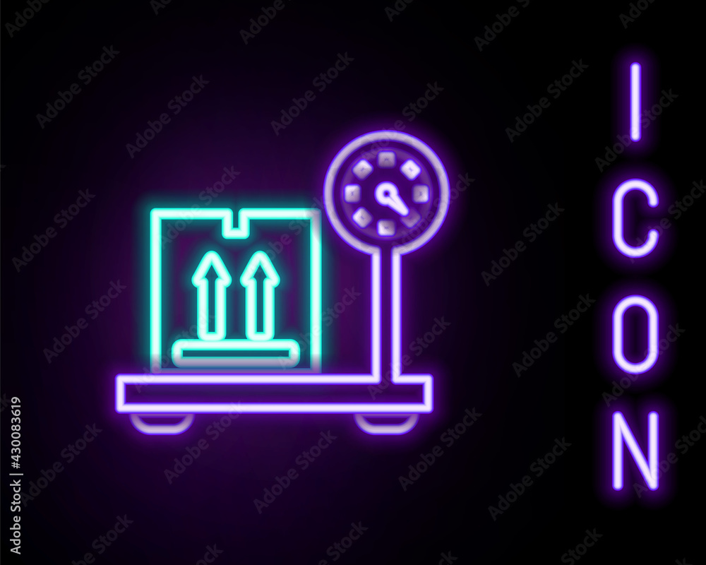 Glowing neon line Scale with cardboard box icon isolated on black background. Logistic and delivery. Weight of delivery package on a scale. Colorful outline concept. Vector Glowing neon line Scale with cardboard box icon isolated on black background. Logistic and delivery. Weight of delivery package on a scale. Colorful outline concept. Vector