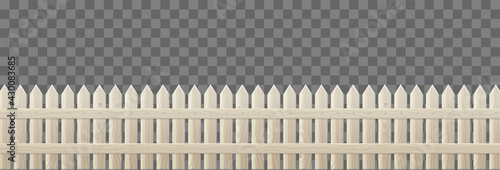 Wooden picket fence for garden or backyard isolated on transparent background. Vector realistic barrier with light wood texture, rustic railing. Enclosure from boards, rural boundary from planks