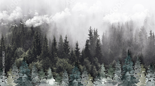 3d mural illustration drawing landscape forest tree wallpaper .\
white clouds and birds\
simple modern background for canvas wall decorative