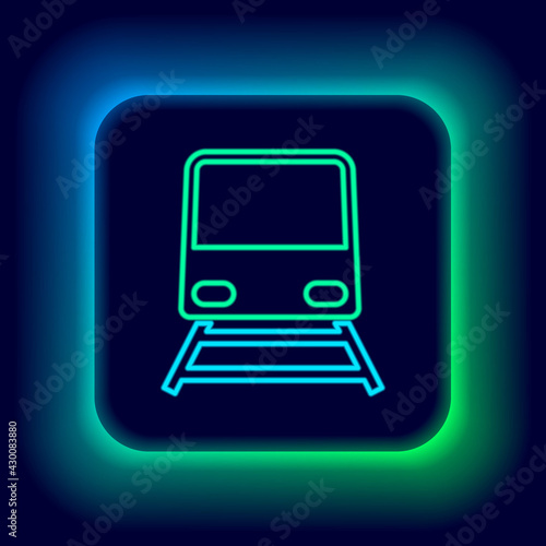 Glowing neon line Train icon isolated on black background. Public transportation symbol. Subway train transport. Metro underground. Colorful outline concept. Vector