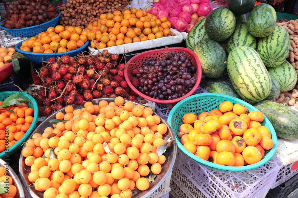 Different ripe fruits in street market, Cambodia