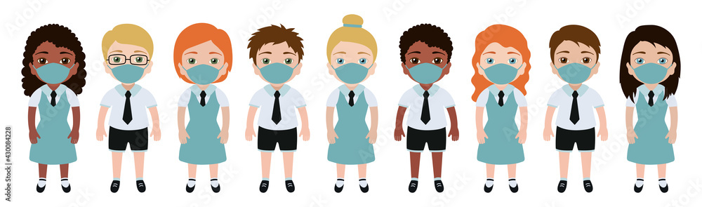 Kids in medical mask. Social distancing. Vector boy and girl. Protect virus. Cartoon characters isolated on white background. People collection Kids in medical mask. Social distancing. Vector boy and girl. Protect virus. Cartoon characters isolated on white background. People collection