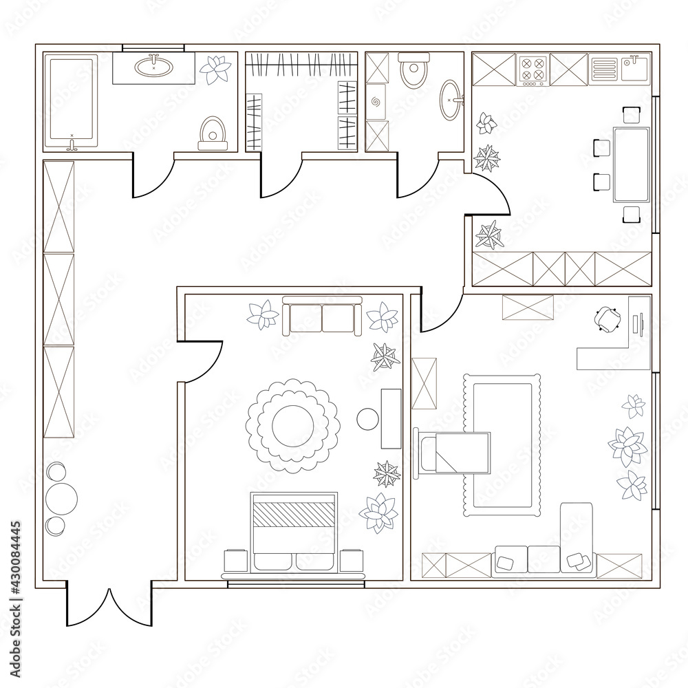 Abstract vector plan of two-bedroom apartment