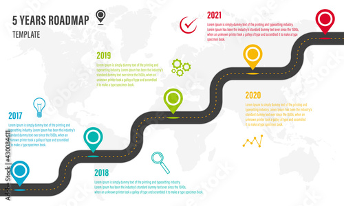 Project roadmap, timeline Infographics, 5 years recap, timeframe, milestones and achievements	