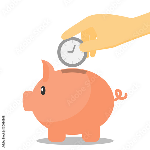 Hand dropping clock into piggy bank cartoon vector. concept of saving time or time management