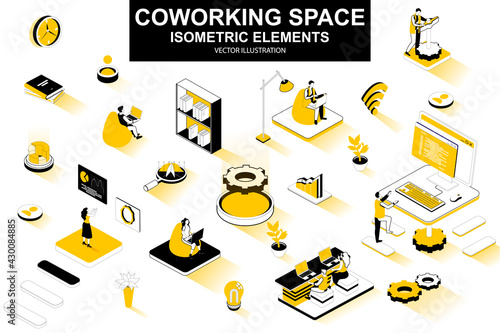 Coworking space bundle of isometric elements. Freelancer work with laptop, coworking space, developer workplace, company member isolated icons. Isometric vector illustration kit with people characters