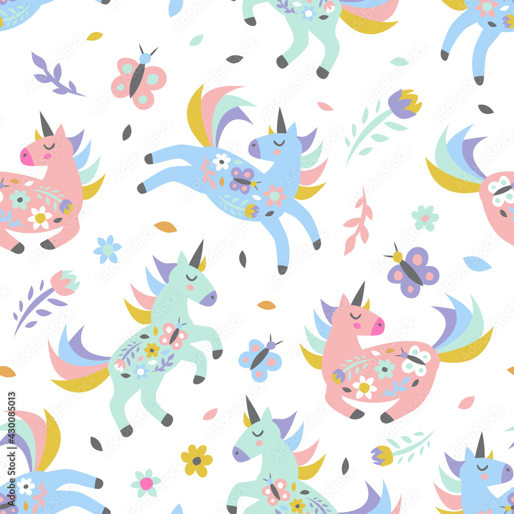 Childish seamless pattern with cute unicorn. Creative texture for fabric, textile
