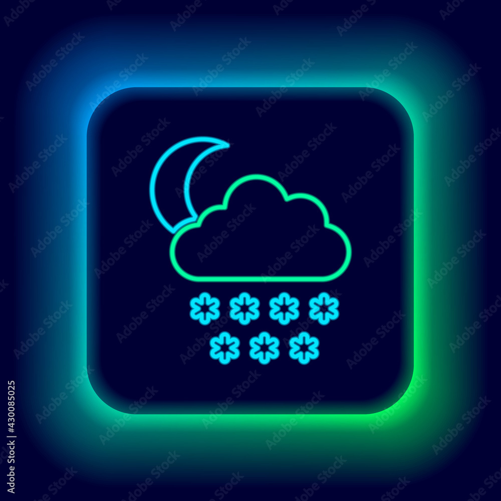 Glowing neon line Cloud with snow and moon icon isolated on black background. Cloud with snowflakes. Single weather icon. Snowing sign. Colorful outline concept. Vector Glowing neon line Cloud with snow and moon icon isolated on black background. Cloud with snowflakes. Single weather icon. Snowing sign. Colorful outline concept. Vector