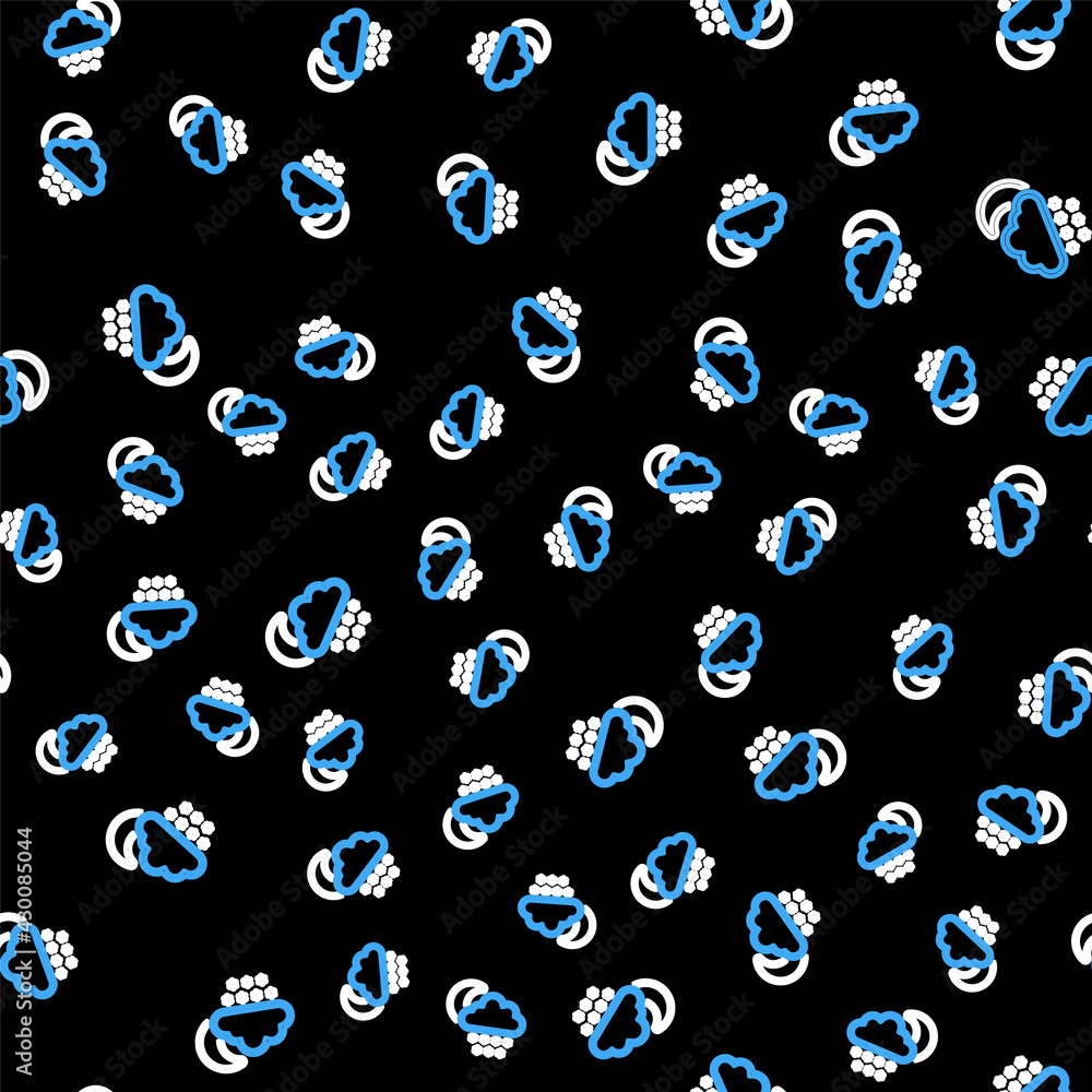 Line Cloud with snow and moon icon isolated seamless pattern on black background. Cloud with snowflakes. Single weather icon. Snowing sign. Vector Line Cloud with snow and moon icon isolated seamless pattern on black background. Cloud with snowflakes. Single weather icon. Snowing sign. Vector