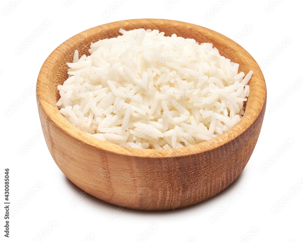 Boiled Rice in a wooden bowl isolated on a white background with clipping path embedded Boiled Rice in a wooden bowl isolated on a white background with clipping path embedded