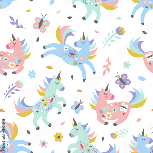 Childish seamless pattern with cute unicorn. Creative texture for fabric, textile
