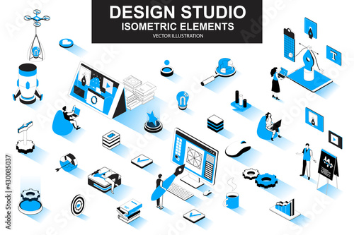 Design studio bundle of isometric elements. Ui UX design, font typography, front end development, interface design, website prototyping isolated icons. Isometric vector illustration kit with people.
