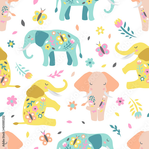 Childish seamless pattern with cute elephant. Creative texture for fabric  textile