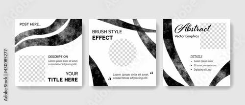 Square social media layouts with black watercolor contrast design elements, web templates with dark smudges effect curves, abstract contrast background