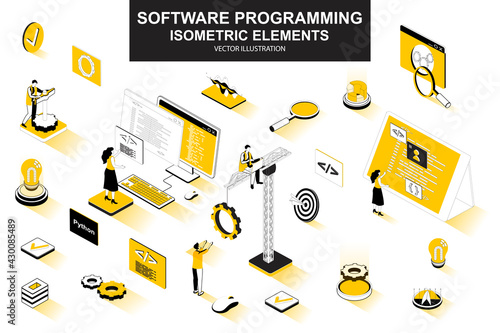 Software programming bundle of isometric elements. Program languages, developer, software engineering, back end development isolated icons. Isometric vector illustration kit with people characters.