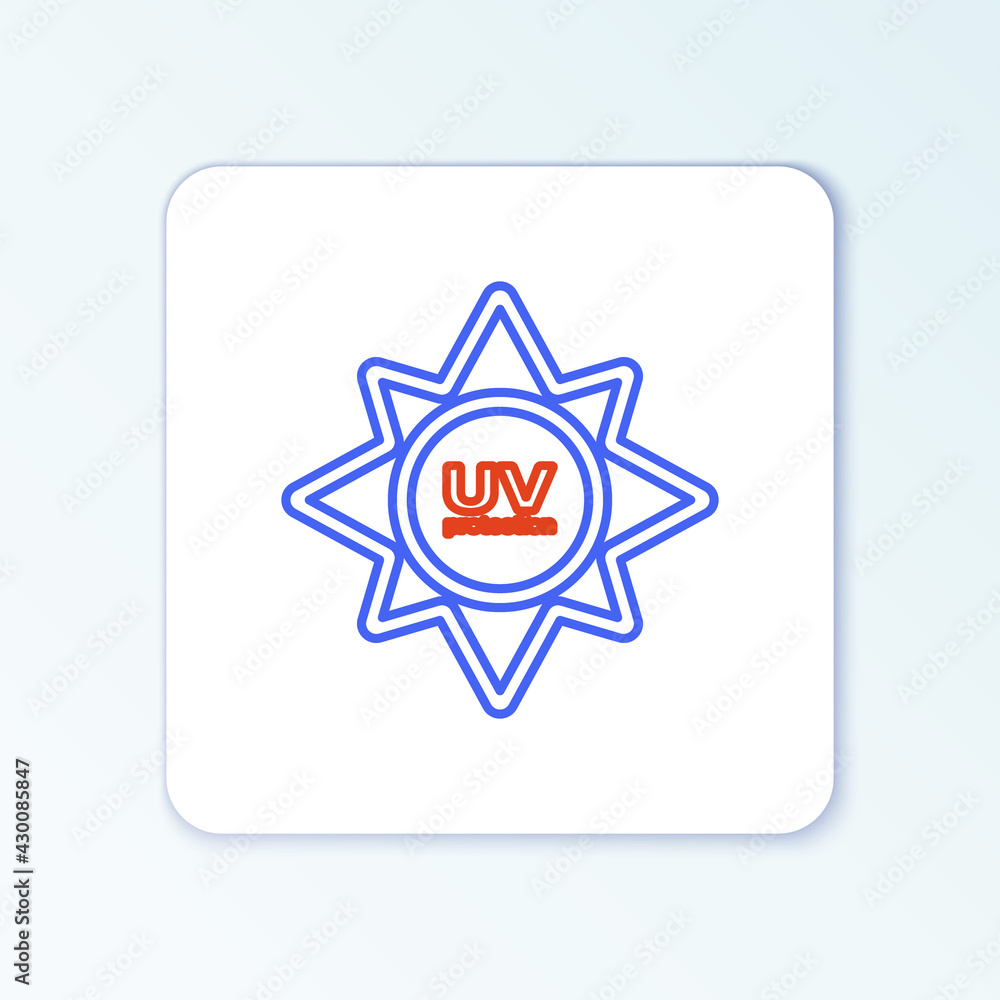 Line UV protection icon isolated on white background. Ultra violet rays radiation. SPF sun sign. Colorful outline concept. Vector Line UV protection icon isolated on white background. Ultra violet rays radiation. SPF sun sign. Colorful outline concept. Vector