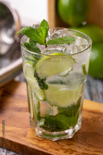 Mojito cocktail with lime, mint and ice