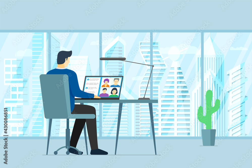 Man in office and people group on laptop screen taking part online conference. Virtual work meeting and distance education webinar or video conference. Company web videoconferencing communication Man in office and people group on laptop screen taking part online conference. Virtual work meeting and distance education webinar or video conference. Company web videoconferencing communication