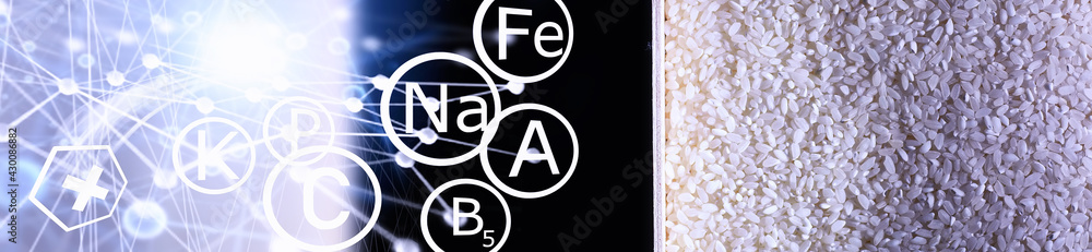 A set of grain cereals. Rice, buckwheat and millet groats in a wooden tray. A grocery set of cereals. Import of grain.