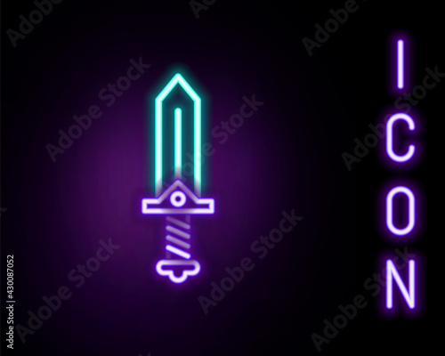 Glowing neon line Sword for game icon isolated on black background. Colorful outline concept. Vector