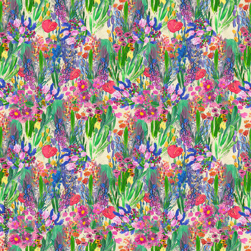 Seamless pattern with flowers. Watercolor or acrylic painting. Hand drawn floral background.