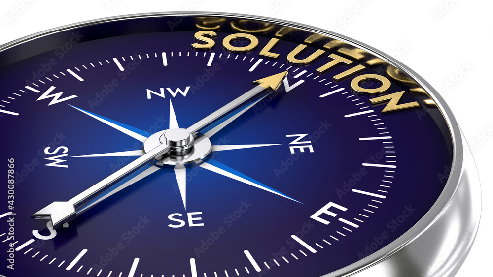 Compass made of metal and blue color. needle pointing to the golden solution word. Marketing concept. 3D illustration Compass made of metal and blue color. needle pointing to the golden solution word. Marketing concept. 3D illustration