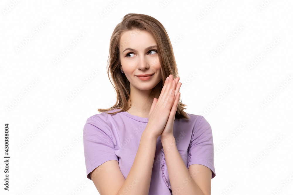 close up portrait of young woman with dreamy cheerful expression, thinking close up portrait of young woman with dreamy cheerful expression, thinking